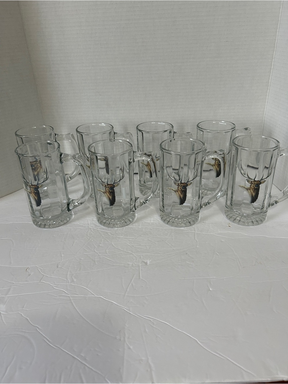 Vintage Clear Glass Beer Mugs with Brown Deer Head Accent - Set of 8
